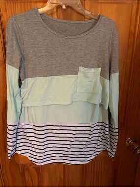 Colorblock Striped Long Sleeve Nursing Top - Gray & Mint